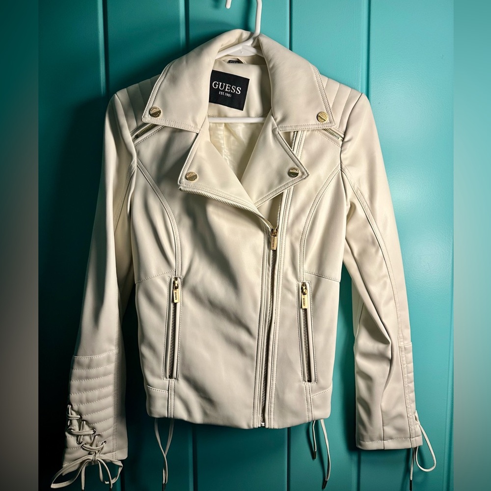 Guess Vegan Leather Asymmetric Moto Jacket with Lace up Details